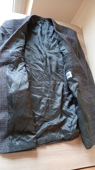 Granatowa wełniana marynarka oversize w kratę, 100% wełna, rozmiar L
