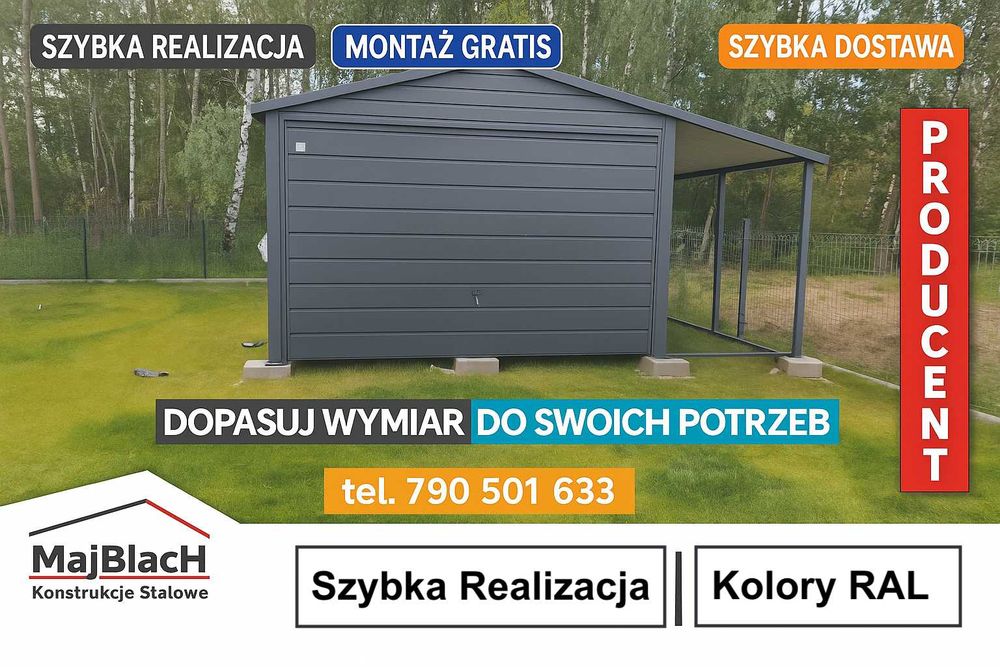 Grafitowy Garaż Blaszany zadaszenie boczne| Wiata ogrodowa – Maj-Blach