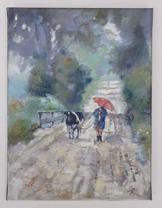 Na wiejskiej drodze. Obraz olejny na płótnie. 30 X 40 cm