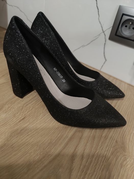 Buty czarne brokatowe na słupku szpilki 37 38