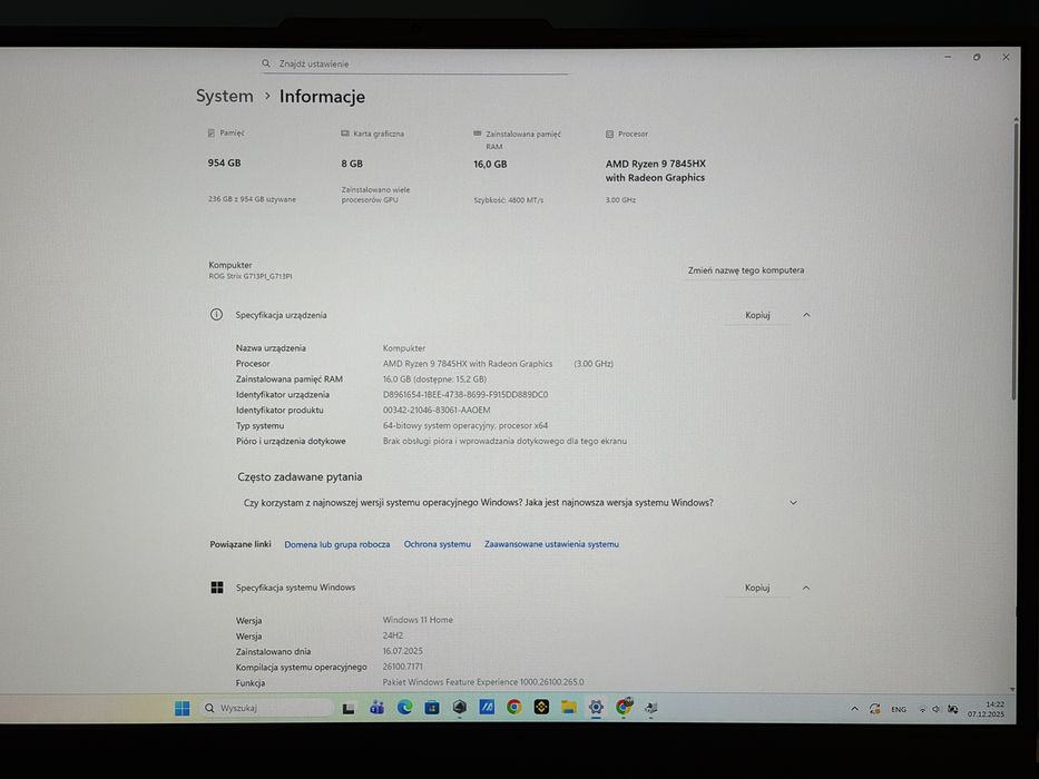 Gamingowy ASUS ROG Strix G713PI–Ryzen 9/16GB RAM/1TB SSD/RTX 4070 8GB