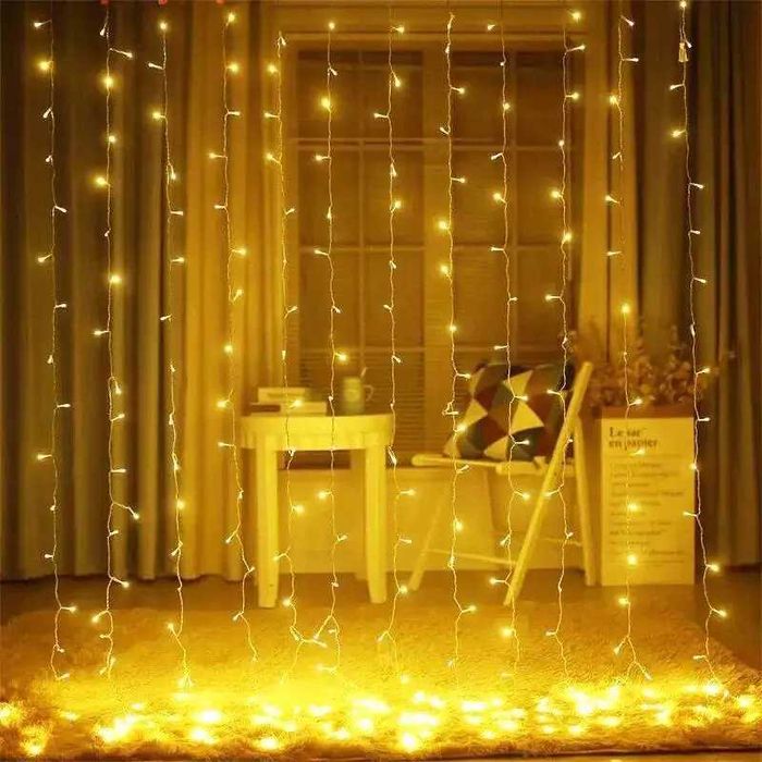 Светодиодная гирлянда штора 3 на 2 метра, теплый желтый водопад