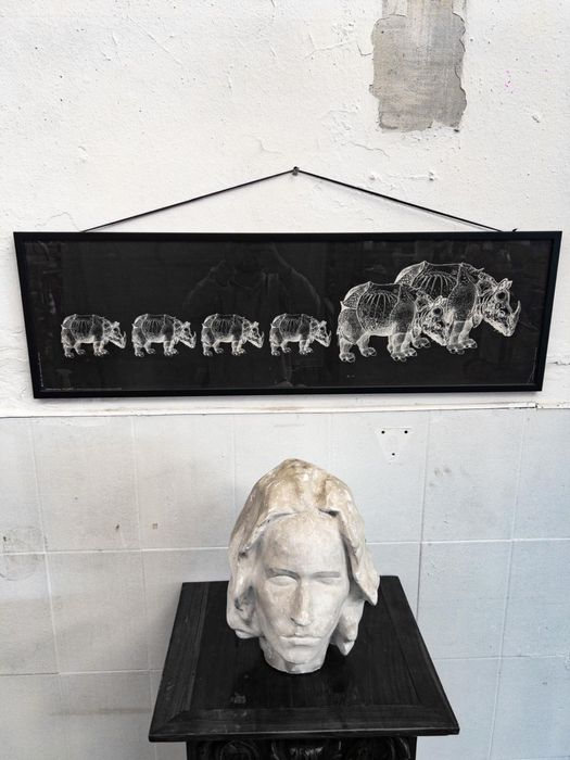 invulgar impressão em Offset dos anos 70 de manada de rinocerontes