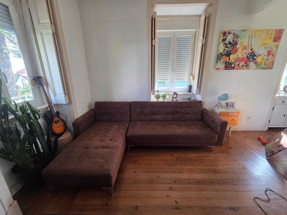 Sofá Cama com Chaise Longue Castanho (Modular/Para Restauro) – Negociável