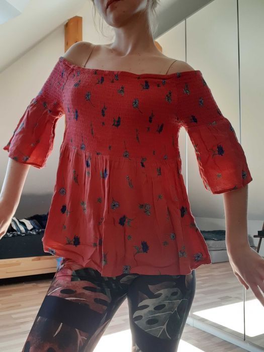 różowa malinowa wiskozowa bluzka hiszpanka odkryte ramiona Sinsay XL