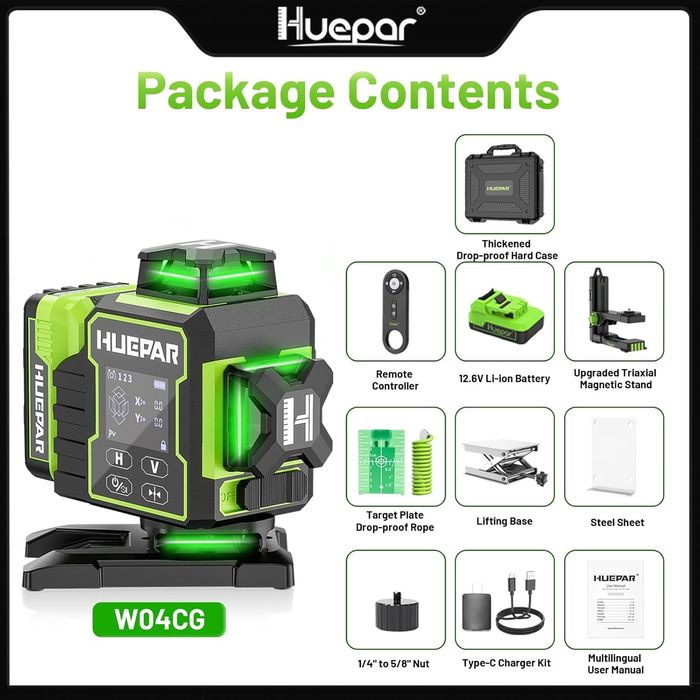 Huepar W04CG 4D 16 ліній,Професійний лазерний рівень,нівелір