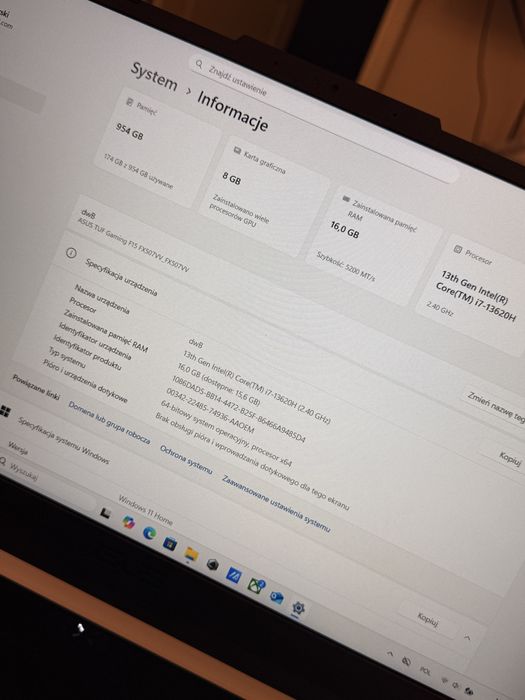 Laptop Asus tuf gaming f15 i7 intel 16gb ram 1tb ssd idealny