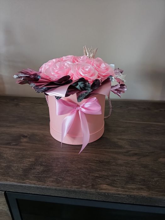 Flowerbox wieczny bukiet róż z wstążki handmade