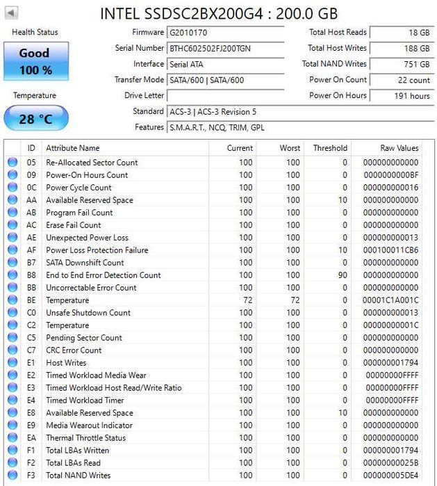 SSD Intel DC S3610 200GB Enterprise - Saúde 100%