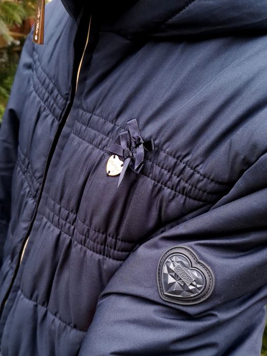 LE Chic Luksusowy płaszczyk 152cm ciemny granat zimowy z kapturem