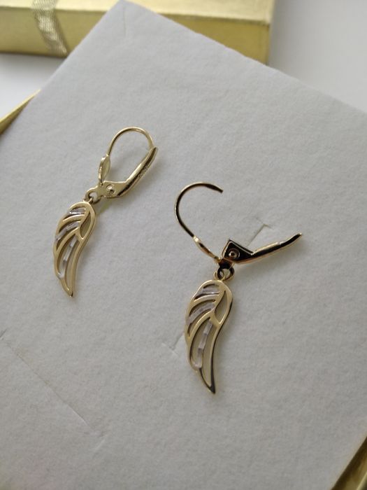 Złote wiszące kolczyki skrzydła złoto 585