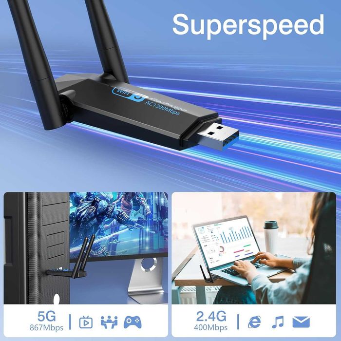 ElecMoga karta sieciowa WiFi 2.4 / 5GHz USB 3.0 Adapter PC 1300 Mbps