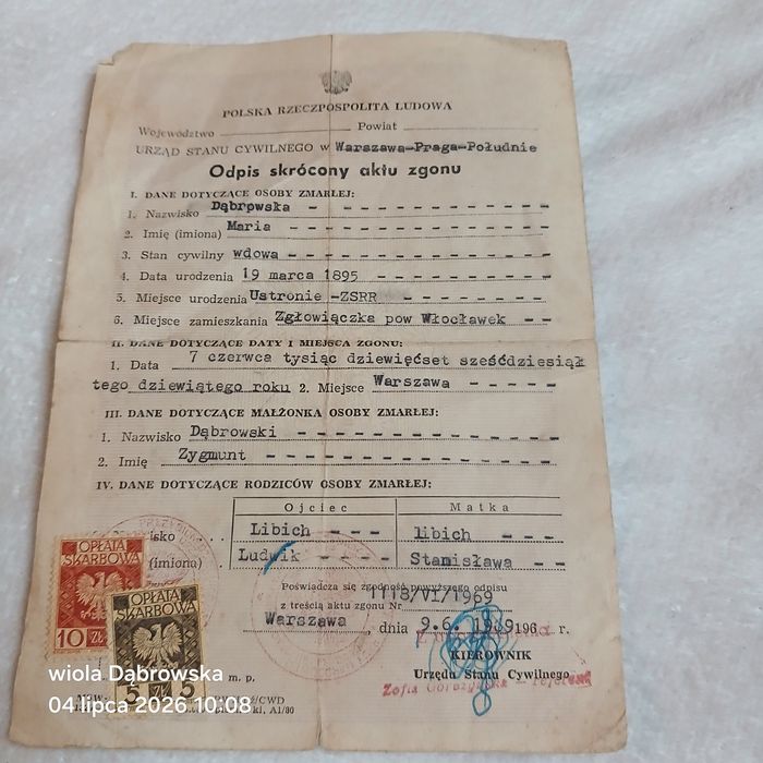 Akt zgonu  Maria Dąbrowska