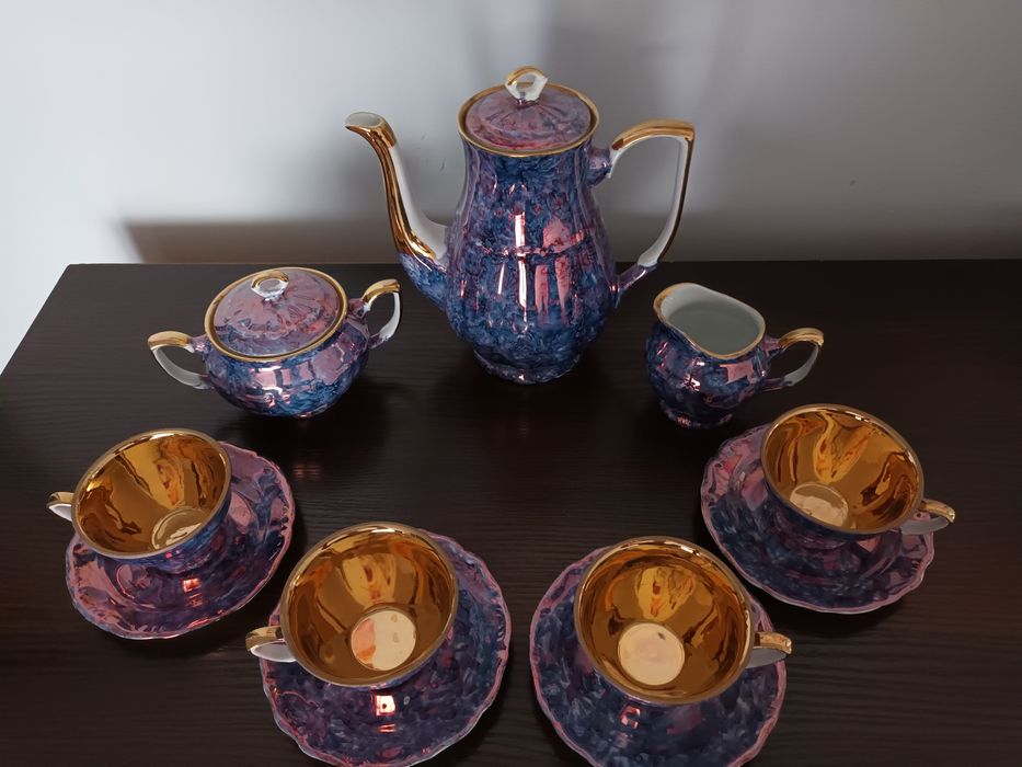 Sygnatura Bogucice PRL Serwis kawowy złoty