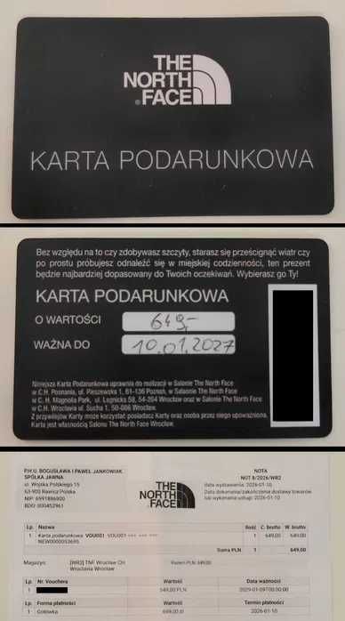 Karta podarunkowa voucher do sklepu The North Face - wartość 649 PLN