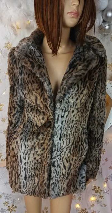 Płaszcz futerko panterka New Look 38 leopard faux fur glamour luksusowy vintage old money elegancki ciepły damski coat