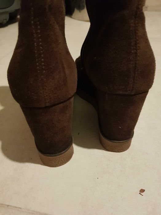 Botki damskie brązowe koturn skóra naturalna