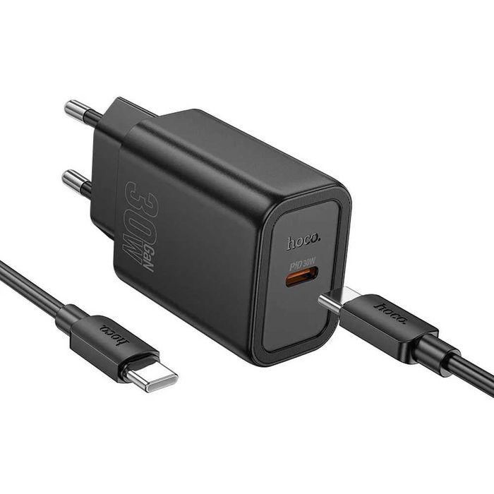 Ładowarka sieciowa do telefonu USB 30W + kabel USB C, GaN HOCO N62 czarna