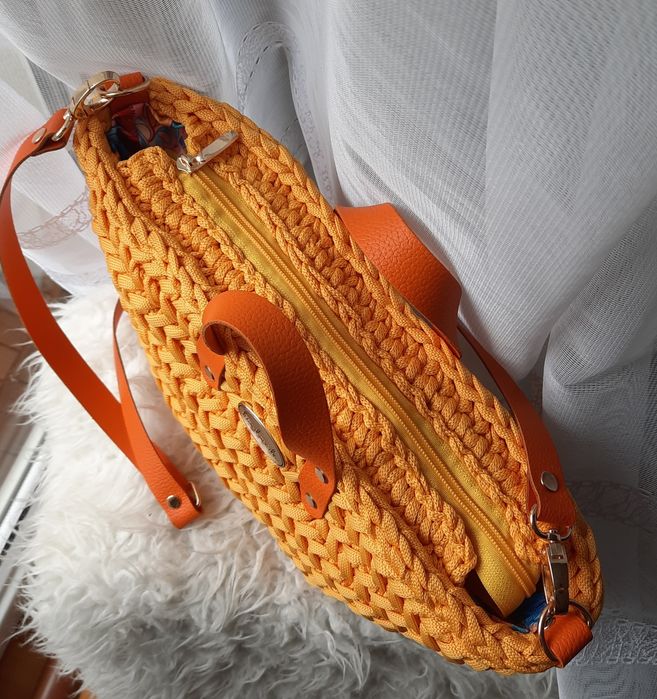 Torebka koszyk handmade melon pomarańczowa skóra pasek kłos