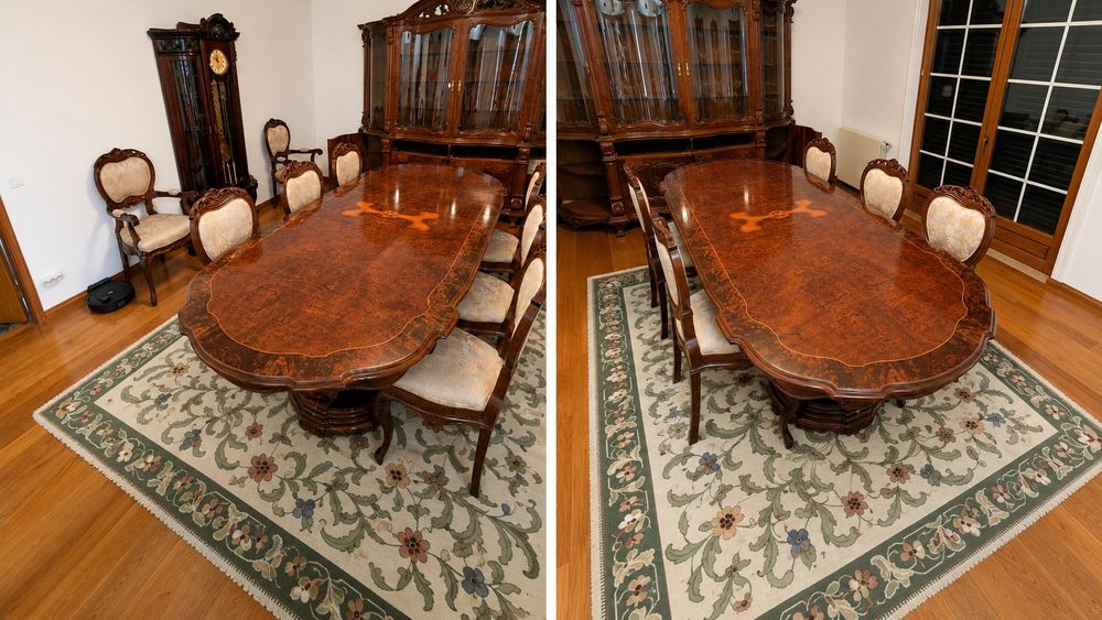 Conjunto de sala de jantar em raiz de nogueira: mesa, cadeiras e móvel
