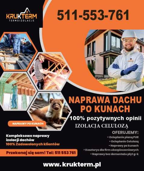 Naprawa dachu po kunie | Wdmuchiwanie Celulozy | UBEZPIECZENIE | Kuna