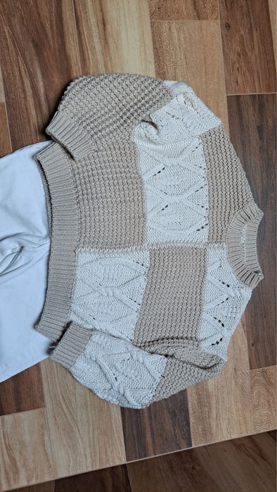Sweter patchworkowy pull&bear r.S oversize splot warkoczowy waflowy