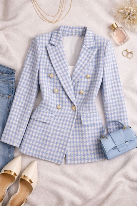 Marynarka pepitka boucle klasyczna niebieska ecru nowa