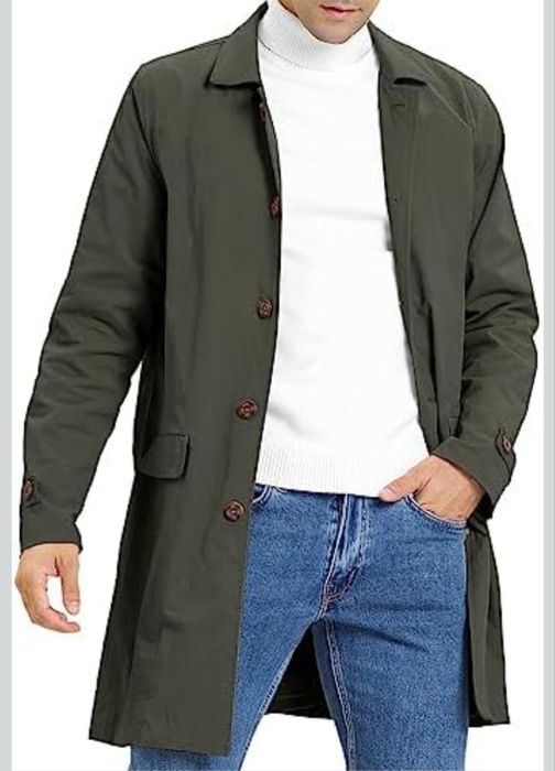 Nowy Męski Trencz L – Elegancki Płaszcz Przejściowy Khaki / Oliwka