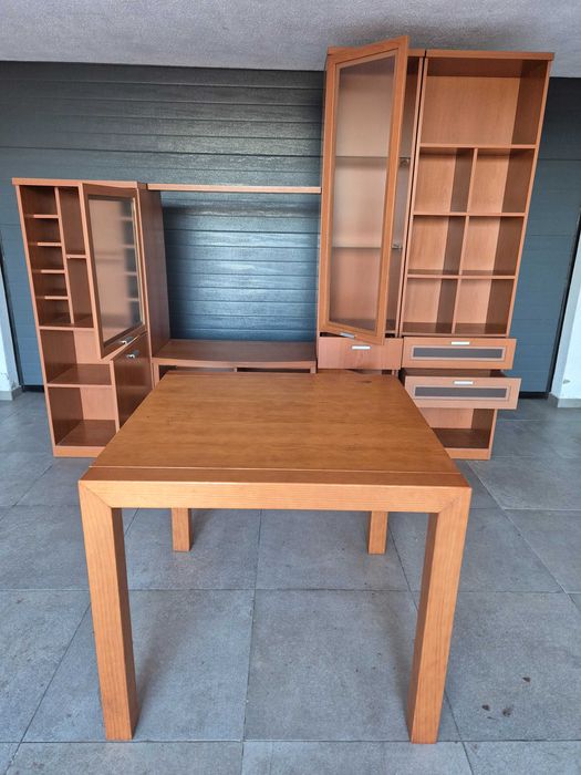 Mesa de sala, móvel de televisão, estante e vitrine.