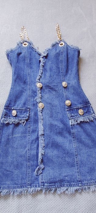 Джинсова сукня-сарафан міні з ланцюжками Balmain, розмір S