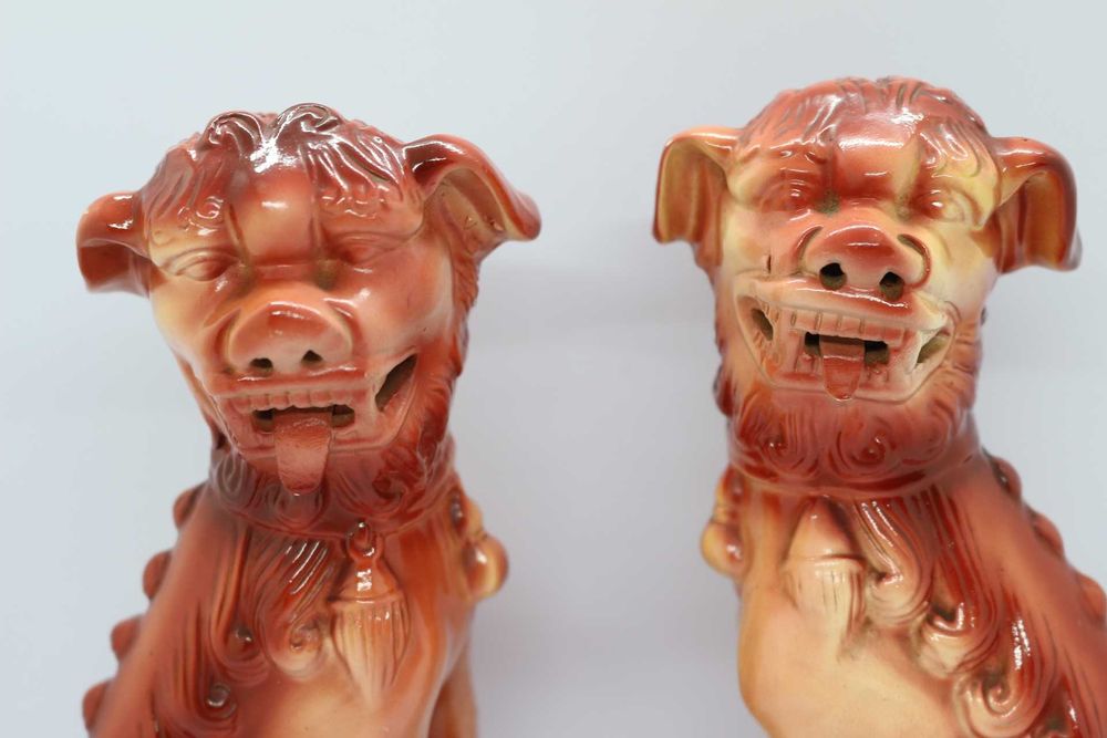 Par de Cães Foo 22 cm Monocromos Cerâmica Chinesa XX