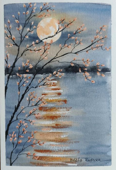 Oryginalna Akwarela „Księżycowa Ścieżka” | 14x21 cm | Styl Japoński