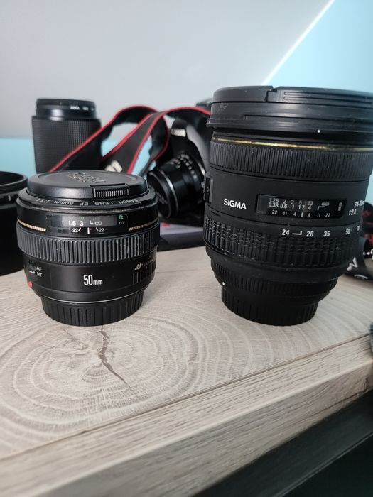 Dwa obiektywy Canon EF 50 F1.4, Sigma 24-70 F2.8