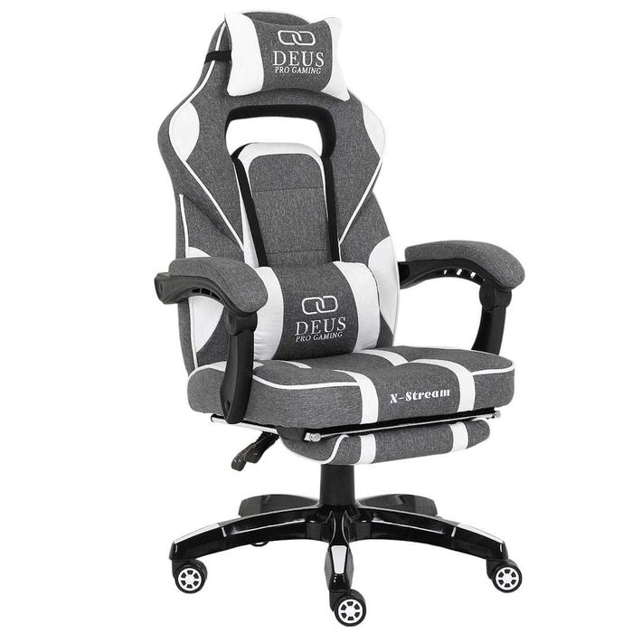 Fotel gamingowy DEUS X-Stream – Tkanina | Podnóżek | Biało-Szary