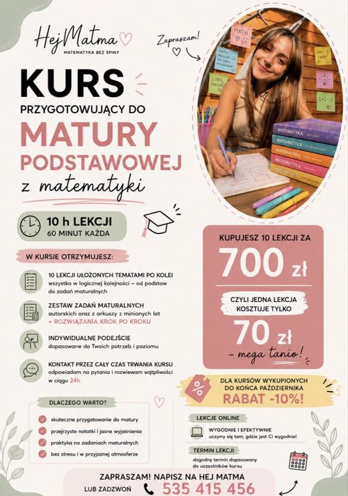 Kurs matematyki – matura podstawowa 2027 | 10 spotkań online
