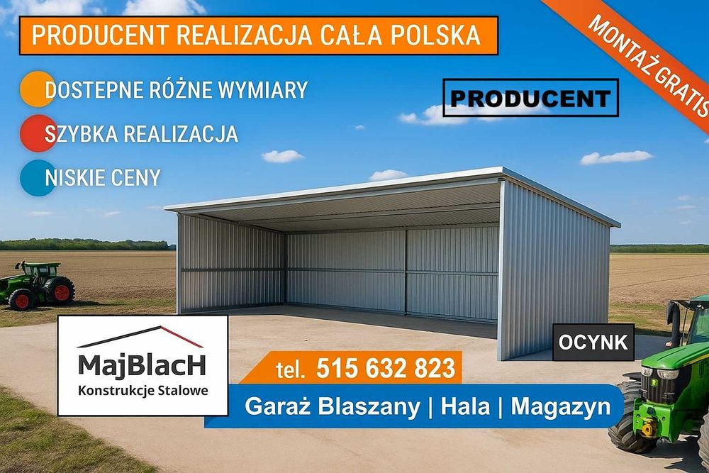 Garaż Blaszany OCYNKOWANY /Wiata /Hala/Konstrukcja Stalowa – Maj-Blach