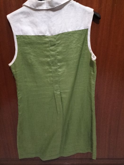 Vestido M de linho verde e branco