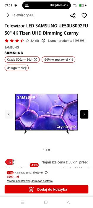 Telewizor Samsung Smart TV 50” 4K UHD – GU50TU8079U | WiFi | P