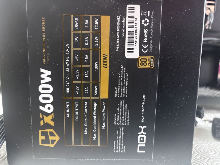 Fonte de alimentação Nox Hummer 600w 80 Plus Bronze