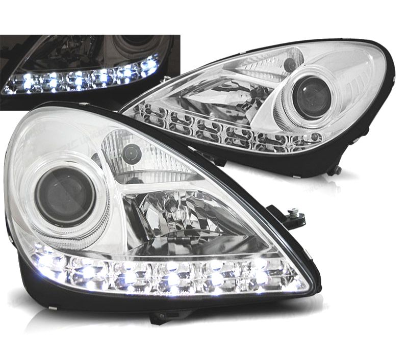 FARÓIS MERCEDES CLASSE SLK R171 04-11 LUZ DIURNA LED FUNDO CROMADO