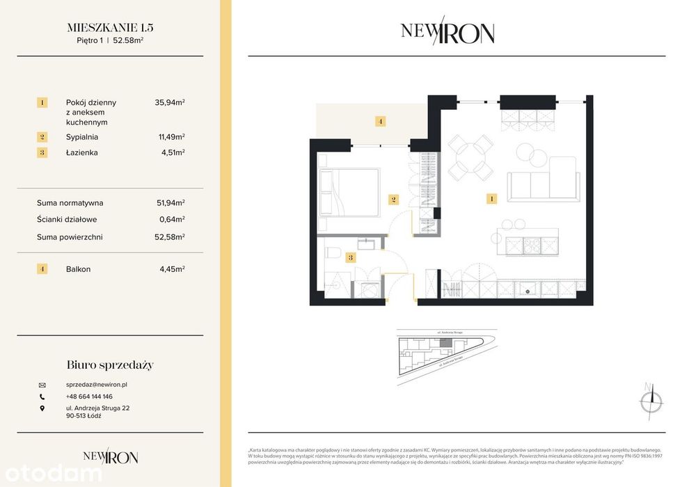 2- pokojowe mieszkanie 53m2 + balkon bezpośrednio