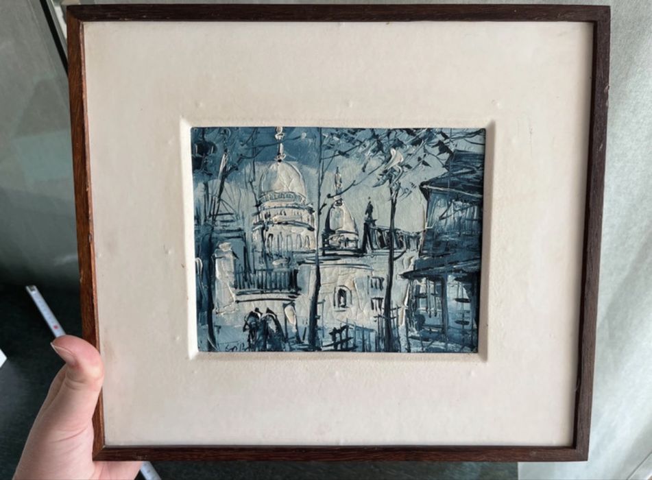 Quadro vintage pintura óleo espátula tons azuis estilo europeu