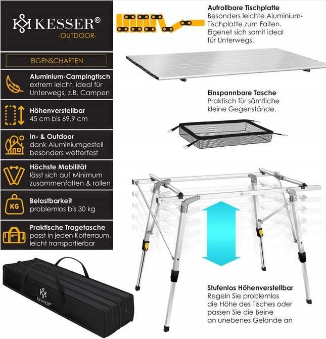 Stół turystyczny KESSER 53 x 90 x 70 cm srebrny