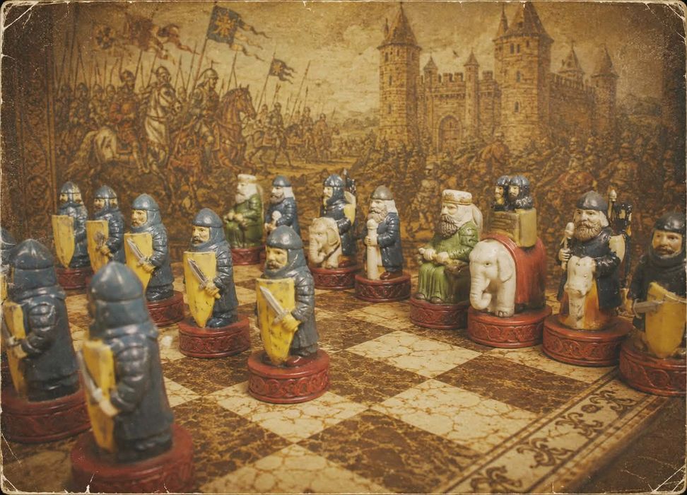 Jogo Xadrez Afonso X Medieval 32 peças tabuleiro e caixa arrumação