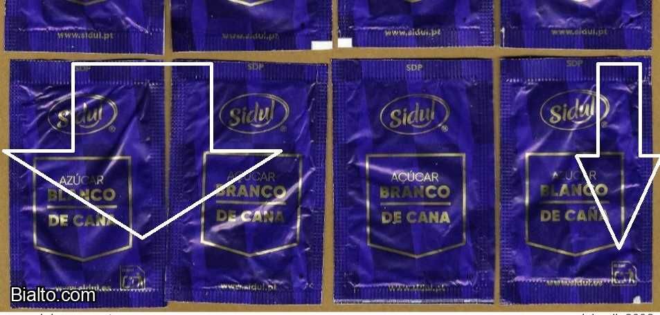Pacotes de Açúcar - Série Sidul. Com Ecoponto Azul e sem o símbolo