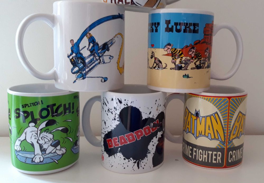 Canecas Astérix, Deadpoll, Batman, Fantastic Four, Lucky Luke.