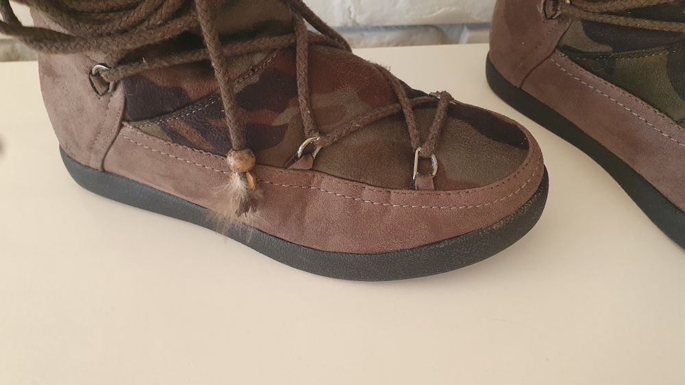 Damskie botki/śniegowce/Eskimoski khaki/moro piórka/koraliki 36