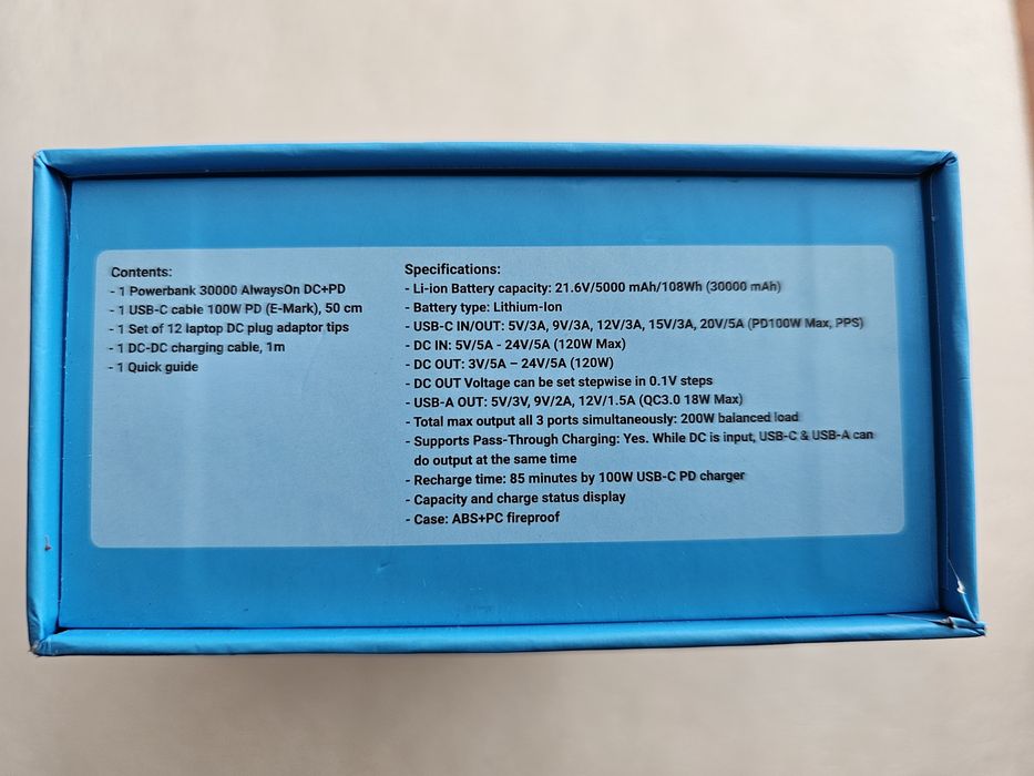 PowerBank 30000 AlwaysOn DC+PD, 120W
