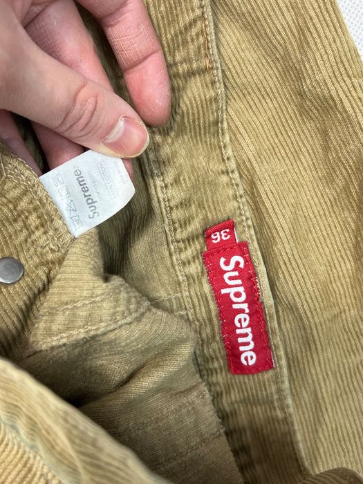 Supreme logo corduroy pants brown cream spodnie