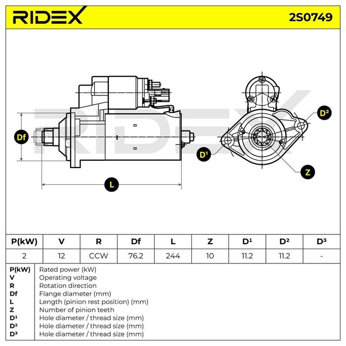 Motor de arranque Ridex 2S0749 para motores TDI VAG VW SEAT SKODA AUDI